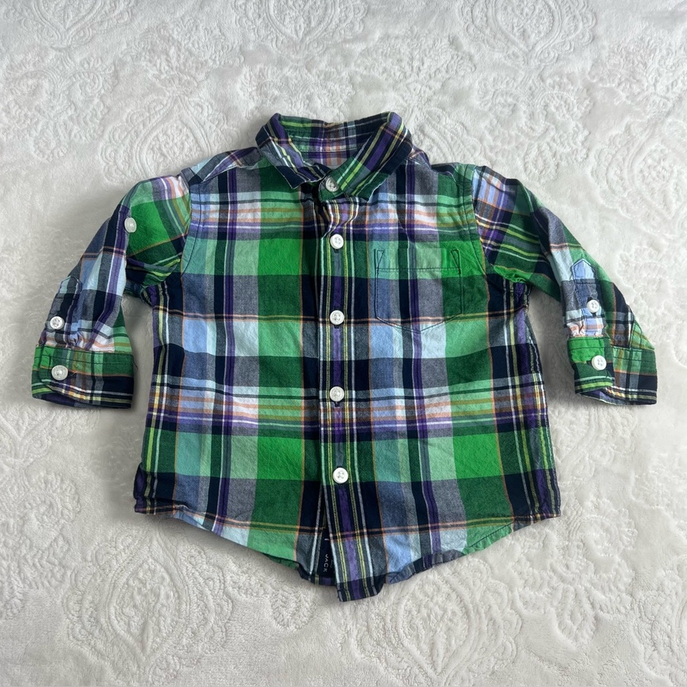 Janie and Jack Infant Boys Green & Blue Plaid Long Sleeve Shirt Roll Sleeve
